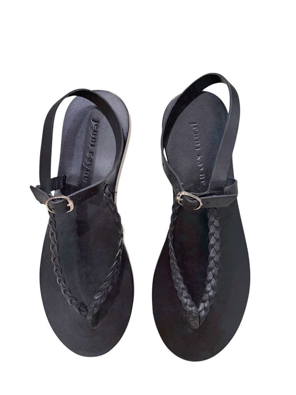Jenni Kayne Mila Black Leather Braided T-Strap Sandals Size 37